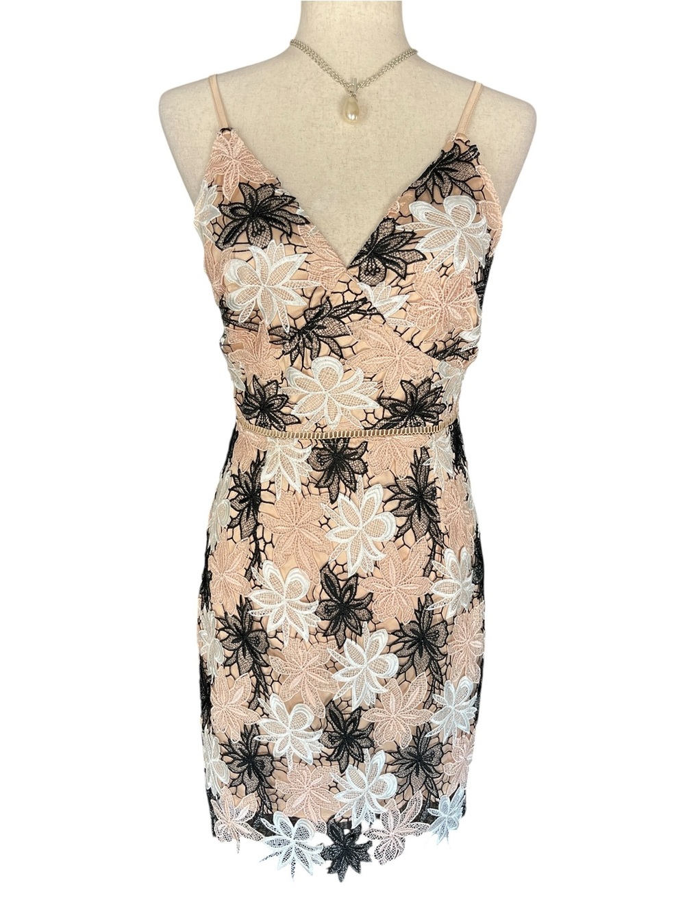 Minuet Blush Floral Lace Spaghetti Strap Mini Dress